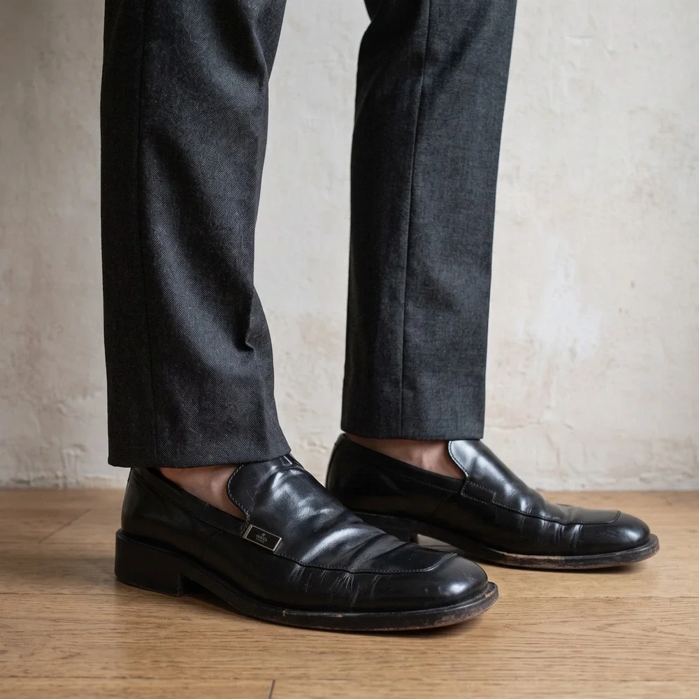 Gucci Mens Loafers 8.5 Black Leather Square Toe Metal Logo Plate Italian Shoes